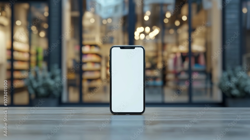 Poster modern smartphone with blank white screen standing on wooden table in front of blurred store with wa