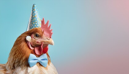 Creative animal concept. chicken in party cone hat necklace bowtie outfit isolated on solid pastel background advertisement, copy text space. birthday party invite invitation