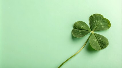 A single four-leaf clover, a symbol of luck and good fortune, sits on a bright green background, creating a minimalist and hopeful image.