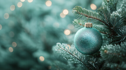 a green Christmas tree ornament on a background of spruce branches, with copy space, minimalist style with a color palette, soft lighting, pastel colors, and a vintage aesthetic