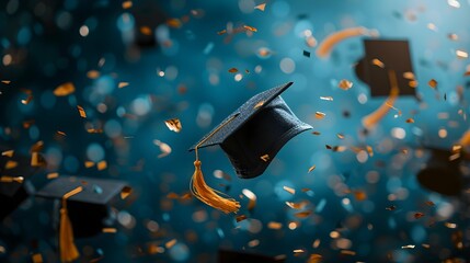 Gradution Cap with Confetti Background, Graduation Day Concept Flying graduation caps on the air with golden confetti for graduates colleges party