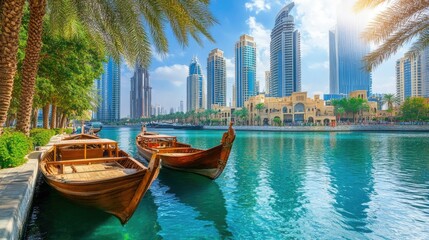 Obraz premium Scenic Dubai Marina with Traditional Boats and Skyscrapers
