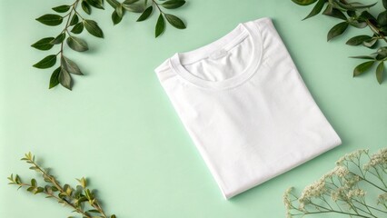 A blank white t-shirt surrounded by fresh green foliage and delicate white flowers, creating a minimalist and natural aesthetic
