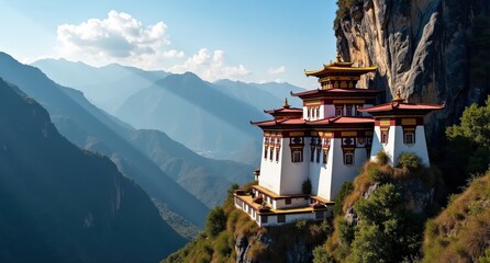 Tiger’s Nest Monastery, Bhutan, iconic cliffside monastery perched high in the mountains, symbolizing Bhutan’s spirituality and breathtaking vistas.