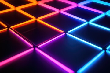 A dark background with glowing neon lines creating an abstract grid pattern.