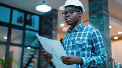 A young engineer, wearing a hard hat and glasses, is closely examining blueprints in a contemporary office space.