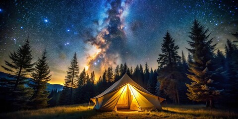 A luminous tent glows warmly amidst a canvas of dark evergreens, bathed in the ethereal light of a star-studded night sky, the Milky Way arcing majestically overhead.