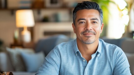 Obraz premium Confident Middle-Aged Man Smiling in a Cozy Living Room Setting