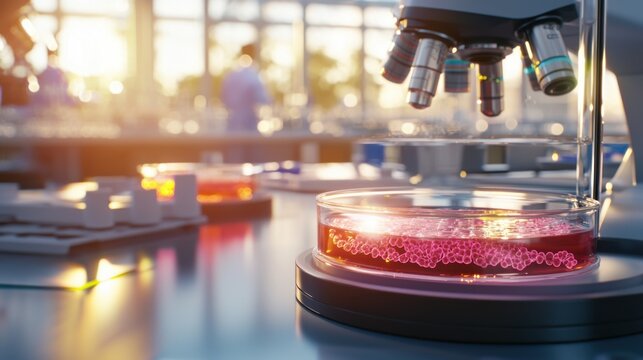 Bright Modern Laboratory with Petri Dishes and Advanced Microscopy Techniques for Cancer Research and Sample Analysis During Sunset Hours