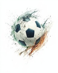 Dynamic soccer ball splashing with vibrant colors on a white isolated background.