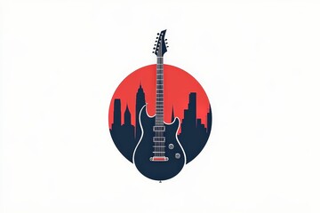 Electric guitar silhouette against a city skyline, vibrant red and white background.
