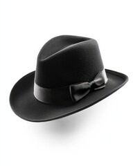 Elegant black hat with a stylish ribbon, isolated on a white background.