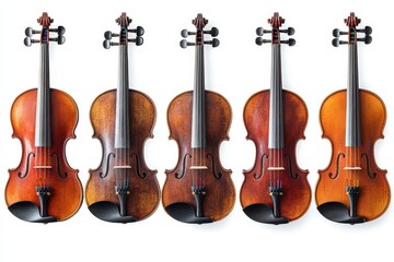 Naklejka premium Five beautiful violins lined up against a white isolated background.