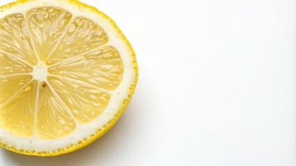 A close-up of a lemon slice, revealing its juicy and vibrant flesh with a white background