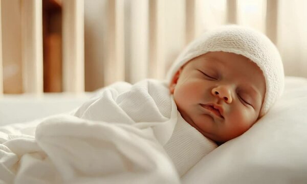 Peaceful Newborn Baby Sleeping in White Knit Hat and Swaddle in Soft Natural Light