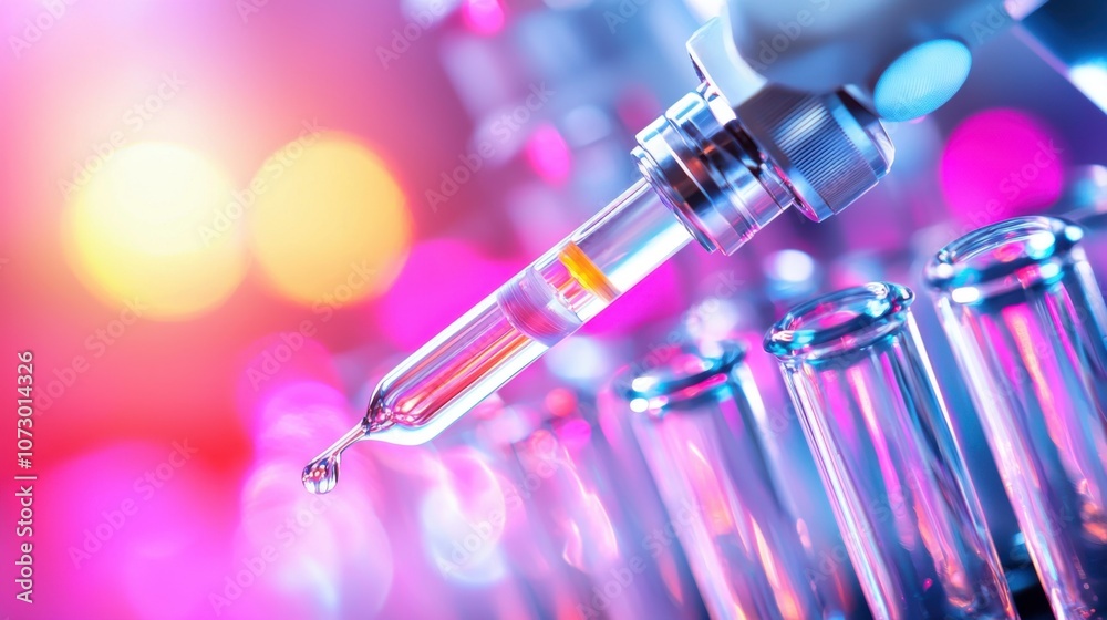 Poster researchers conducting cancer drug tests in a bright laboratory setting with pipette and test tubes