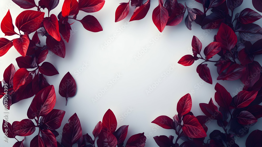 Wall mural a white background with a border of deep red leaves.