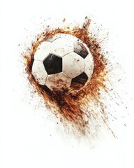 Soccer ball with a burst of dirt and dust, white isolated background