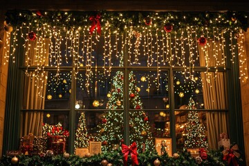 A beautifully decorated storefront with a Christmas tree, garlands, and twinkling holiday lights.