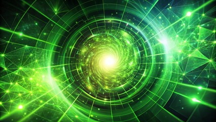 Fototapeta premium Abstract digital vortex with swirling lines and glowing particles in a futuristic green and black color scheme.