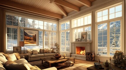 A cozy living room with a fireplace and large windows overlooking a snowy landscape.