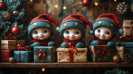 Fototapeta premium Adorable Christmas Elves with Gifts in Festive Setting by Christmas Tree and Holiday Decorations