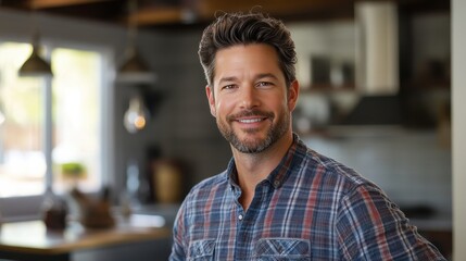 Obraz premium Smiling Man in a Casual Checkered Shirt in a Modern Kitchen Setting