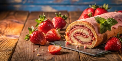 A Delectable Strawberry Swiss Roll with Cream Filling and a Fresh Mint Garnish, Nestled on a Rustic Wooden Table Alongside Whole and Sliced Strawberries