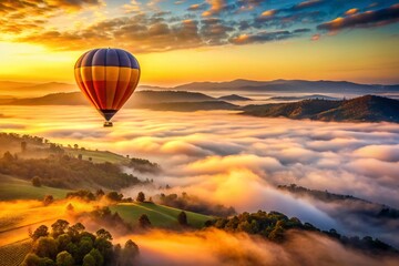 Obraz premium Aerial View of Californian Hills in Fog at Sunrise from a Hot Air Balloon, Capturing the Ethereal Beauty of Dreams Realized in Vintage Style Photography