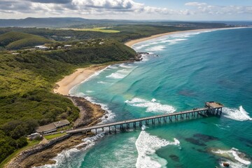 Obraz premium Aerial View of Catherine Hill Bay, NSW, Showcasing the Historic Coal Loading Jetty and Stunning Coastal Landscape of Australia with Waves and Surrounding Nature