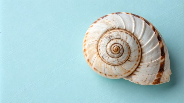 A close-up shot of a spiraled seashell with a subtle brown hue and a creamy white background