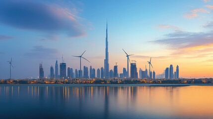 Naklejka premium Urban Skyline at Dusk with Wind Turbines