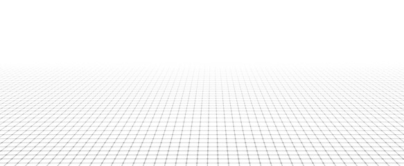 Perspective line grid. Wireframe landscape on white background, digital space of horizontal and vertical stripes.