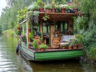 Obraz premium Charming green tiny houseboat surrounded by nature, adorned with flowers and cozy seating