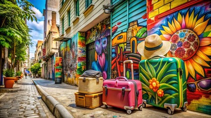 Urban Exploration Photography: A Vibrant Scene of Tourist Baggage and Tropical Vacation Travel Accessories Amidst Colorful Urban Landscapes