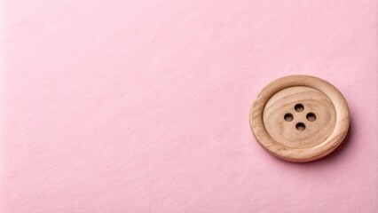 A single, wooden button with four holes rests on a soft, light pink surface. The button is a symbol of craftsmanship and detail, highlighting the beauty of simple objects.
