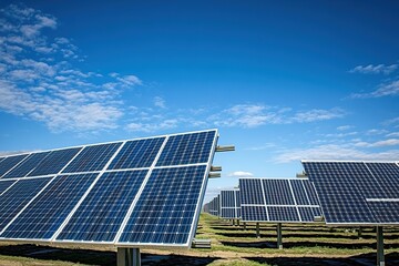 Solar panels in field under blue sky.