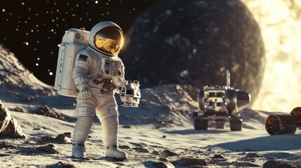 Obraz premium An astronaut walks on a desolate, rocky moon-like surface with a spaceship in the background and a fiery sun in the distance.