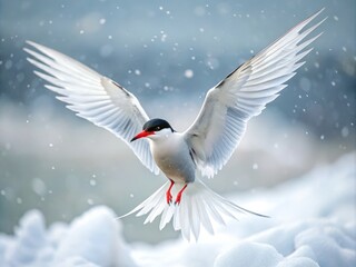 Fototapeta premium Vibrant Arctic Tern in Flight: Capturing the Beauty of a Rare Bird Against the Icy Landscape of the Arctic Tundra with Stunning Detail and Elegance