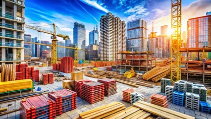 Fototapeta premium Vibrant Construction Materials Amidst Urban Infrastructure Development at a City Construction Site Showcasing the Project Progress of Modern Building Construction