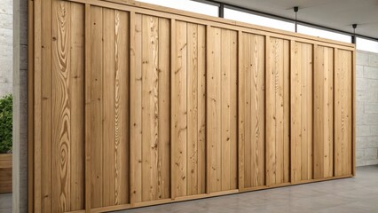 A contemporary wall panel with vertical wooden slats arranged in a symmetrical pattern, showcasing the natural beauty and texture of wood