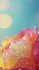 Fototapeta premium Close-Up of a Vibrant Rose Petal Covered in Dew Drops Reflecting Soft Light with a Beautiful Bokeh Background, Creating a Dreamy and Serene Floral Atmosphere