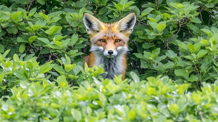 A fox peeks through lush green foliage, blending into its natural environment.