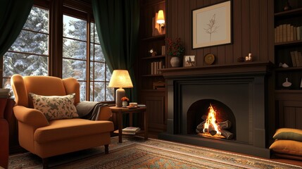 Fototapeta premium Cozy Winter Living Room with Fireplace, Warm Lighting, and Snowy Window View, Ideal for Creating a Comfortable Homely Atmosphere in Cold Weather