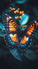 Vibrant Butterfly on Leaf Amidst Soft Background of Green and Yellow Bokeh Illuminating Nature's Beauty with Striking Details and Colors for a Captivating Visual Experience