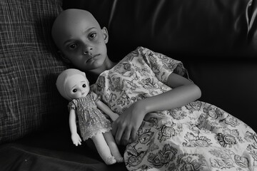 A young bald patient in a hospital gown clutches a doll, reflecting fatigue and illness