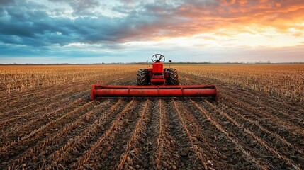 Fototapeta premium Abandoned farm fields with broken machinery, overgrown crops, rural societal collapse, moody lighting