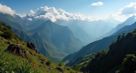 Obraz premium The Rwenzori Mountains, Uganda, rugged mountain range with snow-capped peaks and lush vegetation, capturing Uganda’s unique and diverse mountainous landscape.