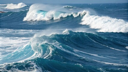 Rolling waves crash and crest on the open ocean, creating a dramatic display of nature's power and beauty.