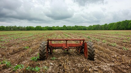 Obraz premium Abandoned farm fields with broken machinery, overgrown crops, rural societal collapse, moody lighting